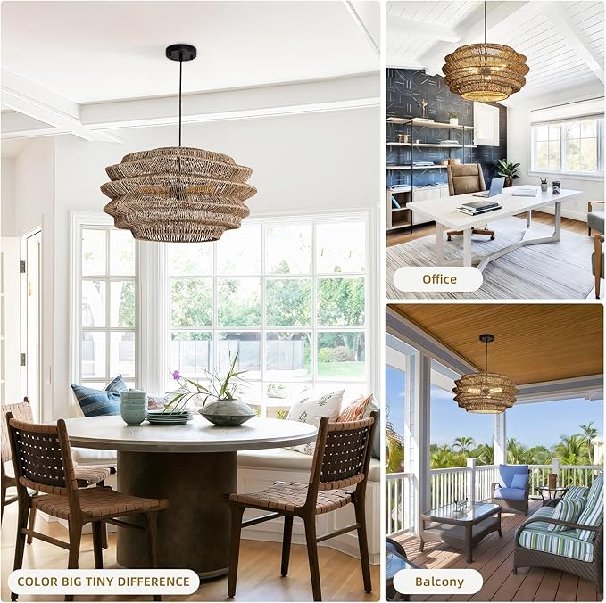 19.7" Rattan Pendant Light,Hand-Woven Rustic Wicker Hanging Light Seagrass Ceiling Chandelier,Water Plants Rattan Chandelier for Dining Living Bedroom Kitchen Farmhouse