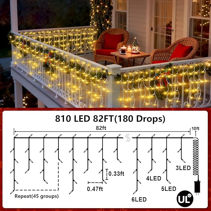 810 LED Christmas Lights Outdoor Indoor, 82ft Warm White String Lights with 180 Drops, 12 Modes Dimmable Curtain Lights with Timer, Waterproof Twinkle Fairy Lights for Bedroom Window Xmas Decor