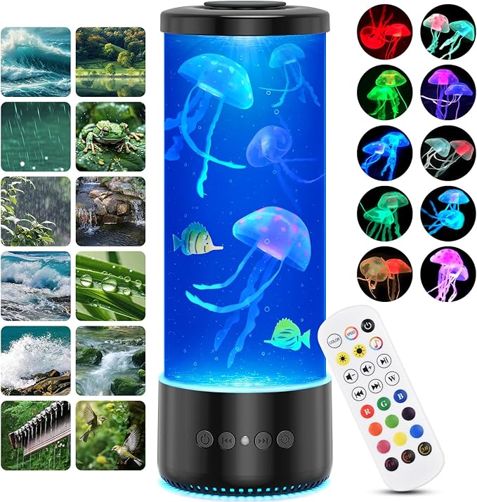 Jellyfish Lamp Bluetooth Speaker,12 White Noise Jelly Fish Table Night Light, 10 Color Changing 2 Lighting Modes,Mood Lamp for Home Office Sleep Relaxation, Gifts for Kids Children Adults,Home Decor