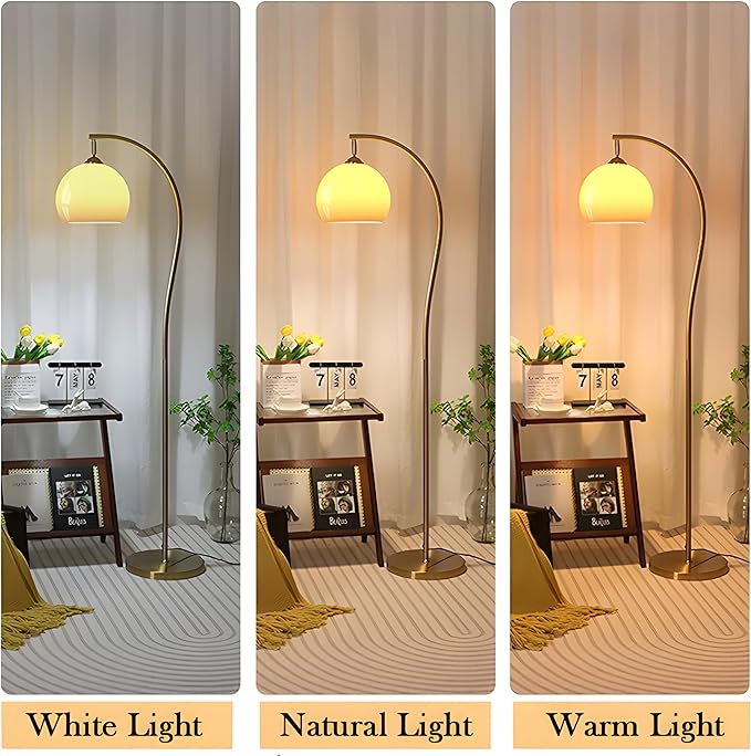 Bofea-Arc Floor Lamps for Living Room Gold Floor Lamp with Orange Glass Shade,3 Color Temperatures,Orange Tall Reading Light with Foot Switch，Ambient Lighting Lamps Mid Century Arch Lamp for Bedroom