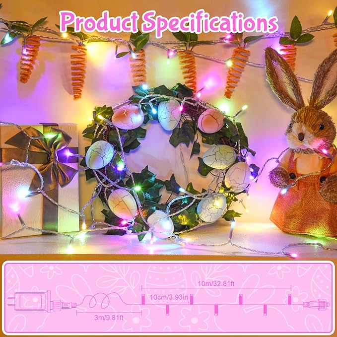 Easter String Lights, Pastel Easter Lights Plug in with Timer 8 Lighting Modes 32ft 100LED Transparent Wire Fairy Lights for Easter Decorations Garland Outdoor Indoor Party