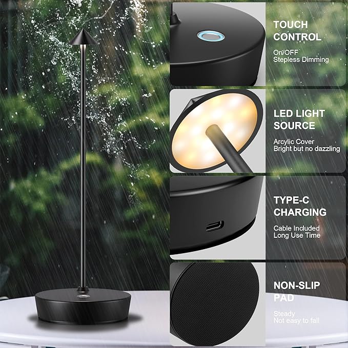 Cordless Battery Powered Table Lamp, Rechargeable LED Dimmable Brightness Metal 6000mAh Touch Table Lamp Portable Modern Design for Restaurant Indoor & Outdoor(Black 2 Pack)