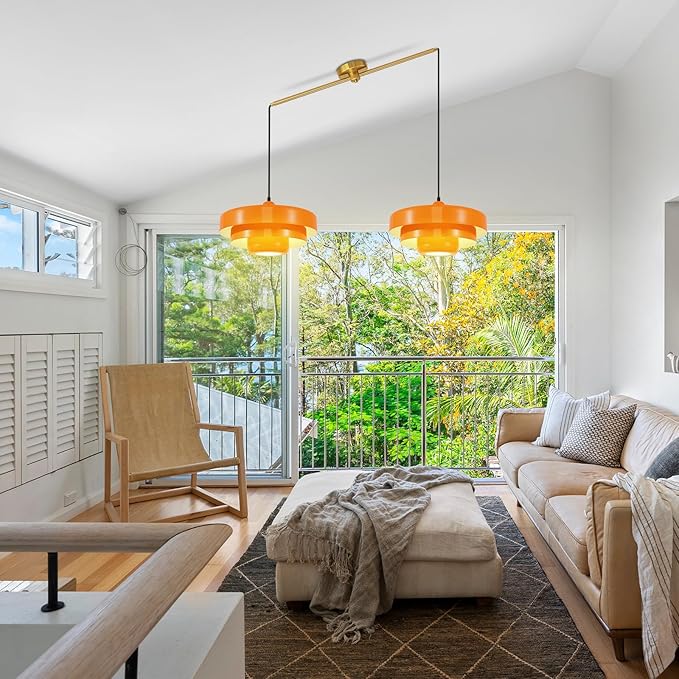 Industrial Vintage Adjustable 2-Light Pendant Light Kitchen Island, Brass Ceiling Hanging Light Fixture with Metal Shade for Dining Room, Living Room, Entryway, Easy to Install