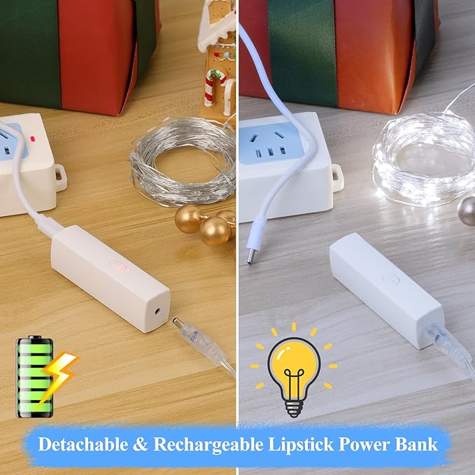 66FT(33 * 2) Rechargeable String Lights Battery Operated, Battery Powered Copper Wire Fairy Lights with Timer, LED Twinkle Lights for Bedroom, Christmas, Wedding, Centerpiece Table Decor Cool White