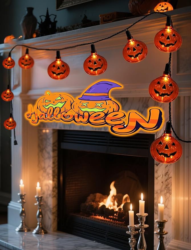 8.5Ft LED Halloween Lights Pumpkin String Lights with 10 Smiling Jack O Lantern Pumpkin Lights, Clear Orange Jack O Lantern for Home Party Yard Porch Indoor Outdoor Decor Halloween Decorations
