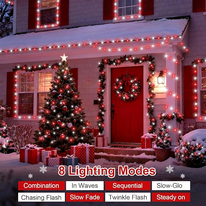 QITONG Red and White Valentine String Light Outdoor, 165ft 500 LED Clear Wire Christmas Lights Plug-in, 8 Modes Twinkle Xmas Light Indoor