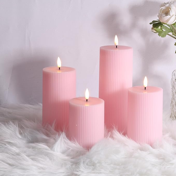 Pink Ribbed Flameless Pillar Candles with Remote, Flat Top Flickering LED Wax Battery Candles Set of 4, Φ 3" H 4" 5" 6" 8"