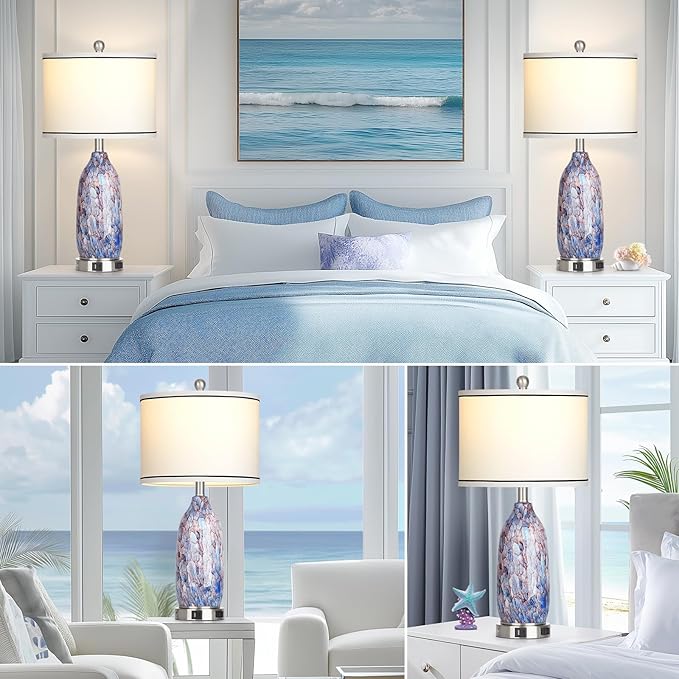 Coastal Lamps with USB A+C Ports & LED Night light, Unique Seashells Glass Table Lamps with Natural Fabric Shade, Modern Touch Control Beach Bedside Lamp for Living Room Bedroom Nightstand Navy Blue