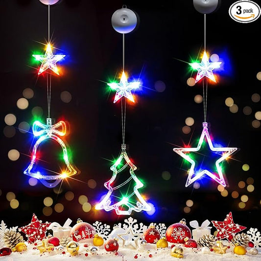 suddus 3Pcs Christmas Window Lights with Timer, Battery Operated LED Xmas Decorations with Suction Cup Hooks, Star, Bell & Tree Shaped Indoor Hanging Lights for Window Wall Holiday Party (Multicolor)