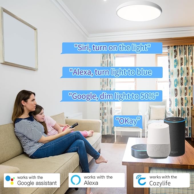 Smart LED Ceiling Lights RGBCW Color Changing Ceiling Light Compatible with Alexa Google Home Flush Mount Ceiling Lamp 24W Time Scheduler Dimmable for Living Room, Bedroom