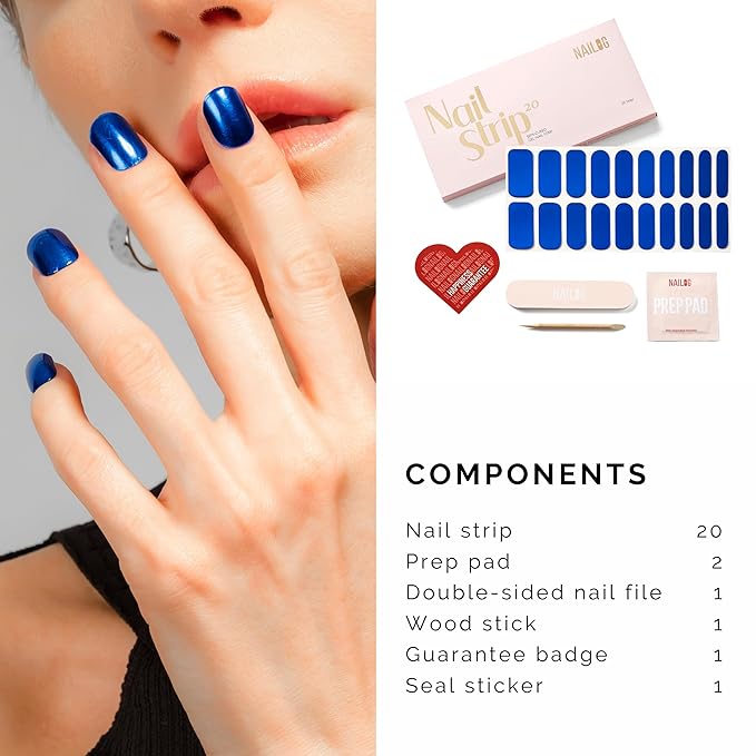 NAILOG Semi Cured Gel Nail Strips (20 Extra Long Stickers/Wraps) | Buy 2 Get 1 UV Lamp| Glossy & Long Lasting Soft Gel Finishing | Sapphire Blue