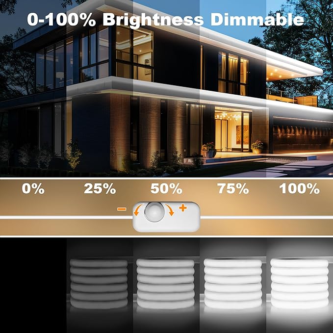 IP67 Waterproof COB LED Strip Lights AC 110V-120V Direct Plug, 100FT Super Bright Outdoor Strip Lights with Double Fuse Controller, 6500K White LED Strips for Garden Patio Commercial Decor