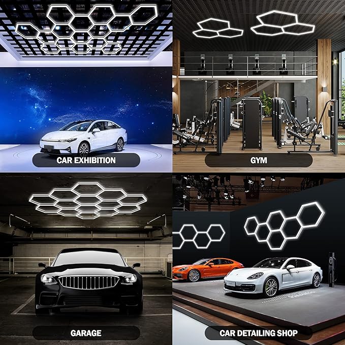 MODERN Hexagon LED Garage Light, 3 Level Dimming 105W 12600LM 65000K Daylight White LED Car Garage Light, 3 Hexagonal Grids for Garage, Shopping Mall, Workshop and Car Detailing etc.