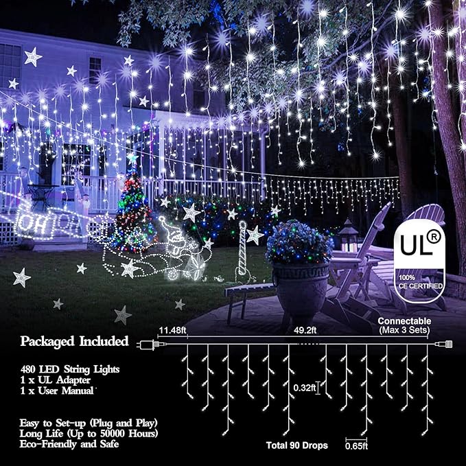 480 LED 49FT Christmas Lights Plug in 8 Modes with Timer Dimmable Ice Lights Outdoor Waterproof Indoor Ice String Lights for Roof Porch Garden Holiday Wedding Xmas Decor (Cool White)
