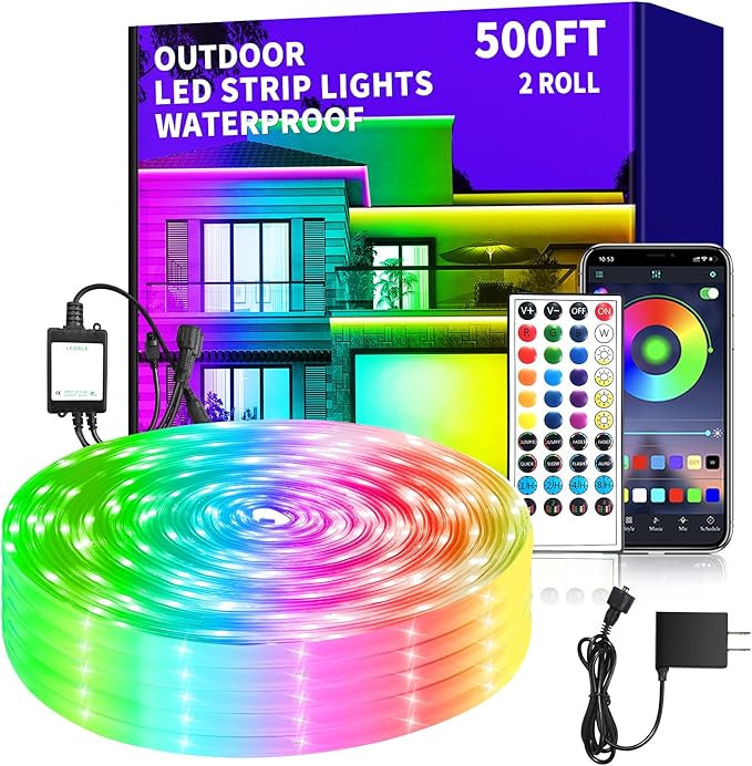 500ft Outdoor LED Strip Lights Waterproof,IP68 Waterproof Led Rope Lights with Remote and App Controlled，Music Sync RGB Outdoor Led Strip Lights for Bedroom,Roof,Courtyards（2 Rolls of 250ft）