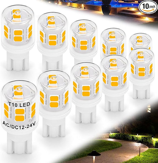 Low Voltage T5 T10 LED Bulbs 2 Watt Equivalent 11W 18W Warm White 2700K 300 Lumen AC/DC 12-24V 921 194 Wedge Base LED Bulb for Outdoor Landscape Walkway Lawn Path Step RV Camper Lights, 10 Pack