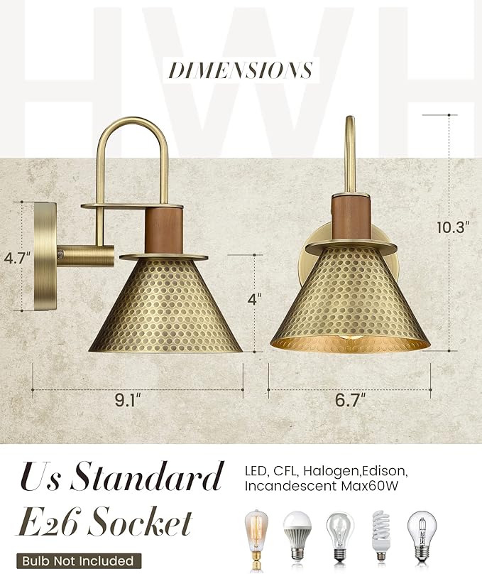 Brass Wall Sconces Set of Two, HWH Industrial Wall Light Fixtures Gooseneck Barn Light, Single Wall Lamp for Bedroom Bedside Bathroom Kitchen, Hammered Metal Shade, Antique Brass, 5HZG74B-2 BG