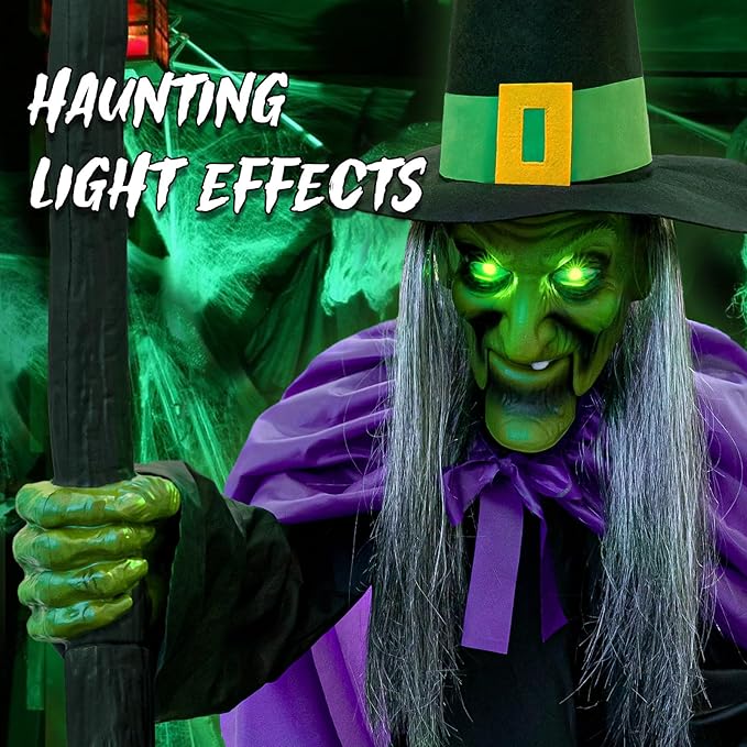 ORIENTAL CHERRY Halloween Outdoor & Indoor Decorations - 11.5 Ft Purple Green Animated Hovering Witch Animatronics, Sound & Touch Activated Sensor - Scary Props House Decor for Garden Yard Lawn