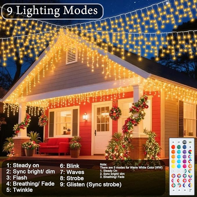 Pooqla Color Changing Christmas Icicle Lights with Remote, 35 Colors 9 Modes String Lights Outdoor, 240 LED 38.5 FT RGB Waterproof Hanging Lights for Roof Window Home Party Easter Decor