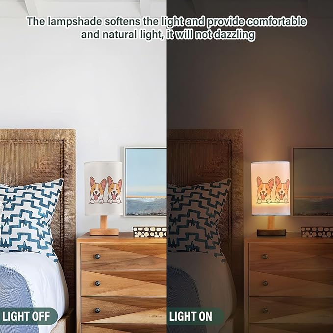 Table Lamp Cute Corgi Dog Smiling Cartoon Animal Nightstand Lamp with Wood Base Fabric Lamp Shade Bedside Desk Lamp for Living Room Bedroom Kids Room Office