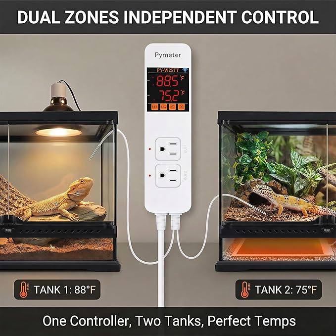 WiFi Temperature Controller with Dual Probes, Smart Digital Thermostat with Two Outlets for Reptile Heat Mat, Greenhouse Seedlings, Homebrew Fermentation, Cooling Fan, Remote App Control