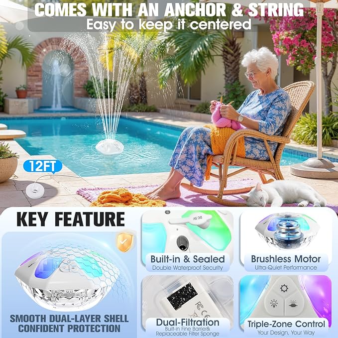 Upgraded Pool Fountain,9000mah Rechargeable Floating Pool Fountain with Light Show,Above Ground Pools Water Fountains Pump with Anchor,Swimming Inground Pools Fountains for Pond-1PC (White)