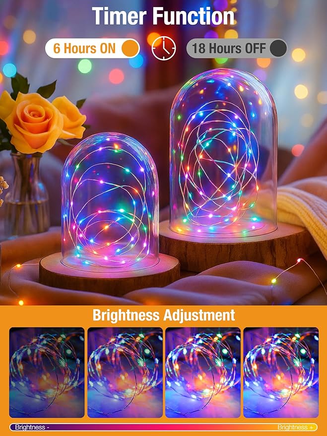 btfarm Fairy Lights Battery Operated with Timer 8 Modes, 16.4 FT 50 LED Silver Wire Twinkle String Lights Battery Powered Dimmable Waterproof for Indoor Home Party Wedding Christmas Decor, Multicolor