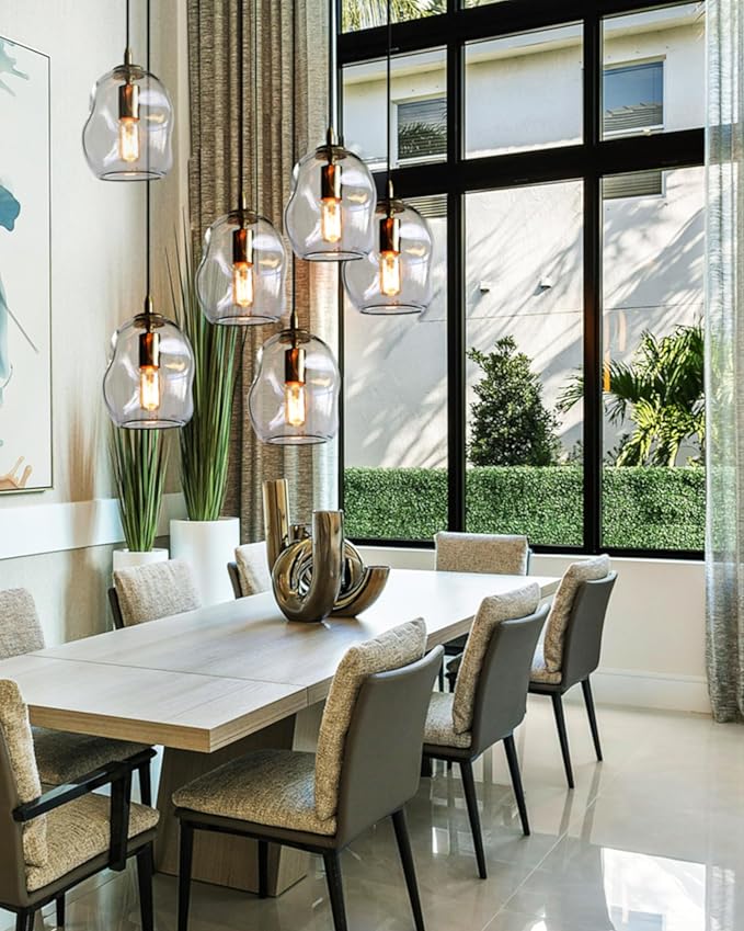 CASAMOTION Pendant Lights Kitchen Island 2 Pack Modern Contemporary Clear Glass Organic Globe Brass Hardware Adjustable Cord Bedroom Dining Table Small Medium Lamp 8 Inch Height