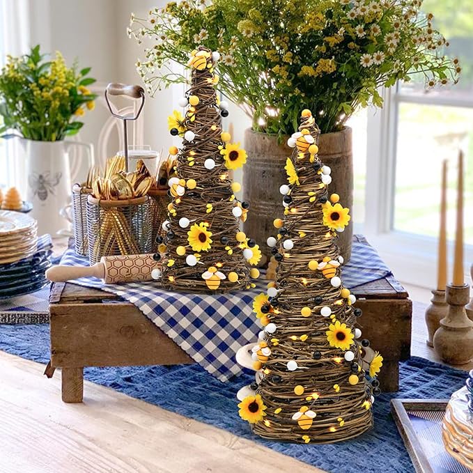 CRCZK Bee Rattan Table Trees with LEDs, Spring Summer Decorations for Home Rustic Farmhouse Bumble Bee Table Centerpiece Decor with Sunflowers Honey&Berries, Bees Kitchen Table Decor