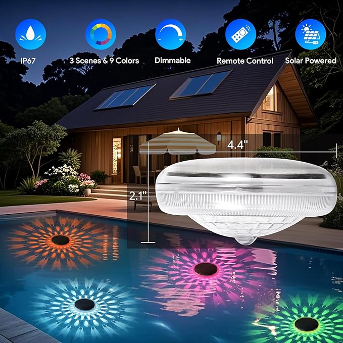 Energetic Solar Floating Pool Lights, IP67 Waterproof LED Pool Lights with Remote Control, RGBW Color Changing Decor Lighting for Pond, Bathtub, Dusk to Dawn, Dimmable, Timer, 2 Pack