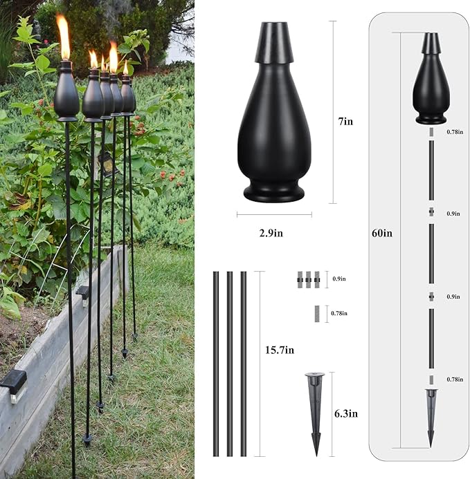 Metal Citronella Torches, 6 Pack Torches Garden for Outside 60 inch Flickering Flame Citronella Outdoor Light Torch,Metal Torches for Outside, Camping Patio Pathway Table Torch(Jet Black)