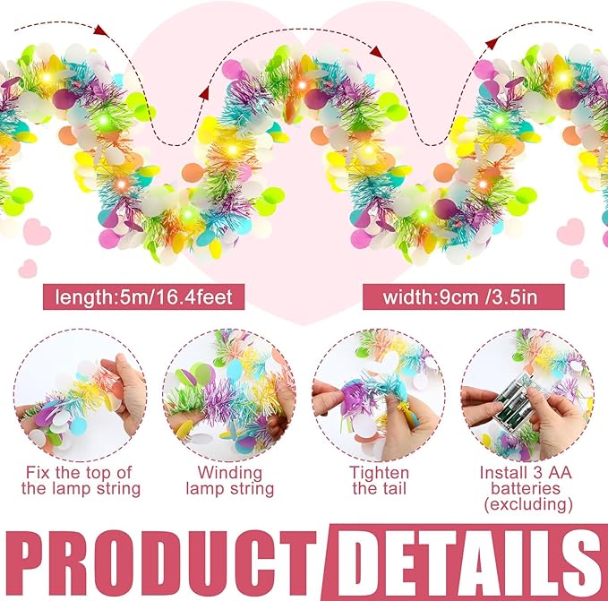 Chuangdi 16.4 ft Easter Tinsel Garland with LED String Light Easter Egg Twist Metallic Wire Tinsel Garland Foil Hanging Decor, Colorful, Colorful Light