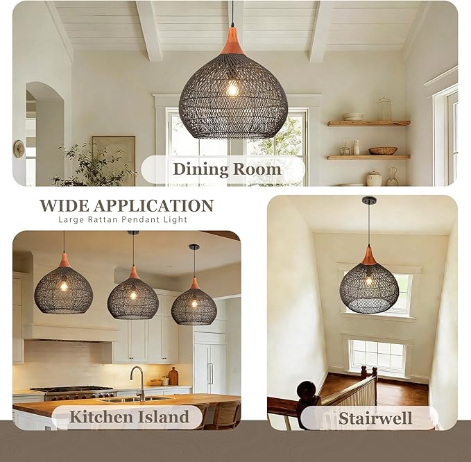 Large Black Rattan Pendant Light, 20" Rattan Chandelier Hand-Woven Wicker Pendant Light Fixtures with Solid Wood, Basket Hanging Lighting for Dining Room Kitchen Island Living Room