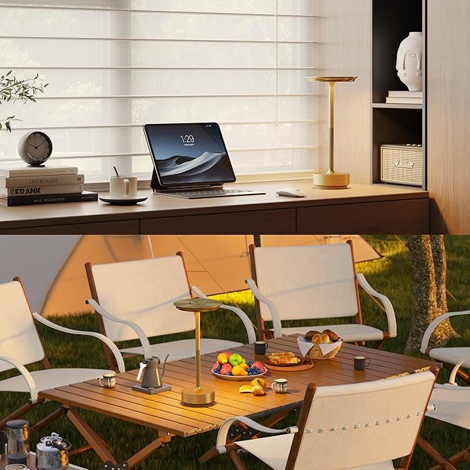 Cordless Table Lamp, LED Rechargeable Table Light with 3 Temp Settings, Stepless Dimming, 5000mAh Battery, USB-C, Memory, Aluminum Alloy, for Home, Patio, Restaurant, Outdoor. Gold