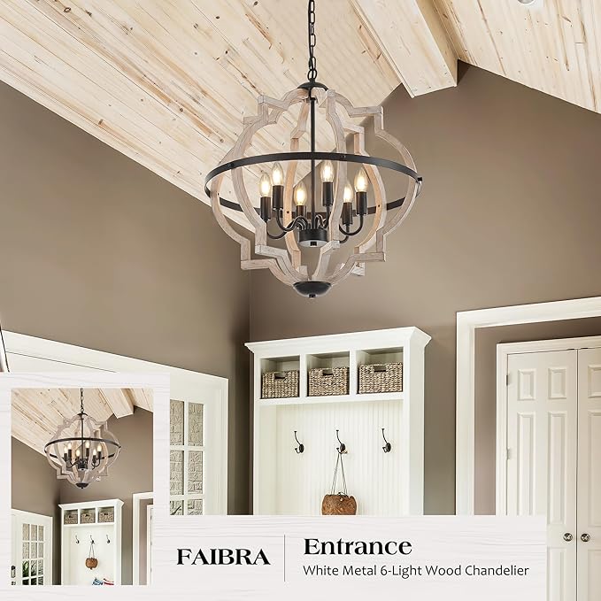 6-Light Farmhouse Wood Pendant Light,22.83'' Vintage Rustic Light White Wood Chandeliers,Retro Industrial Hanging Light Fixtures for Dining Room Entryway, Bedroom