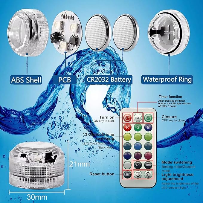 Submersible LED Lights, 12 PCS RGB Waterproof Color Changing Tea Light with Remote control and Timer, Battery Operated Mini Lights for Vase, Pool, Pond, Fish Tank,Parties,Wedding,Halloween,Christmas