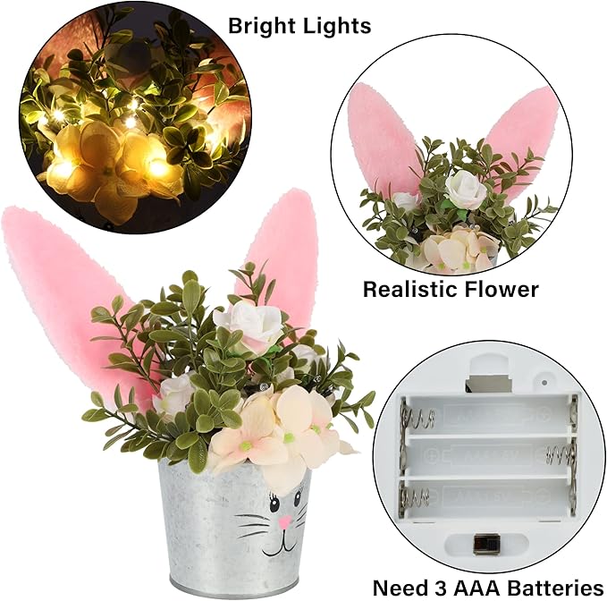 Prsildan Easter Table Decorations Artificial Flower with Bunny Ear, Lighted Desk Decor Bunny Flowers, Easter Tabletop Decorations for Home Table Mantle Office Spring Party