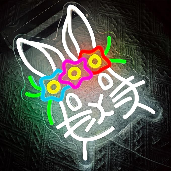 Easter Neon Sign for Wall Decor Easter Bunny Neon Sign Cute Rabbit Wearing Flower Neon Led Lights for Spring Bar Living Room Party Holiday Bedroom Gifts