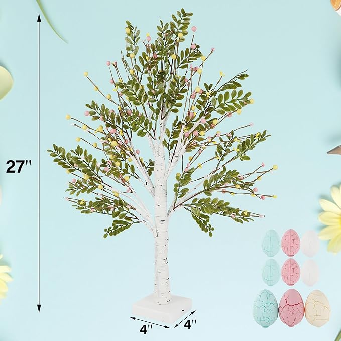 DR.DUDU 27 Inch Easter Decor for Home – 2 Pack Lighted Easter Trees, Light Up Birch Trees with Easter Egg, Tabletop Spring Decor for Mantel Indoor Office