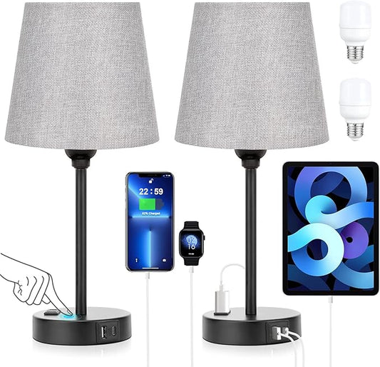 Grey Bedside Lamps for bedrooms Set of 2 - Nightstand Bedroom Lamp with USB C Port and AC Outlet Charging, 3 Way Dimmable Touch Control Small Bed Side Table Lamp, Night Stand Light for Kids/Guest Room