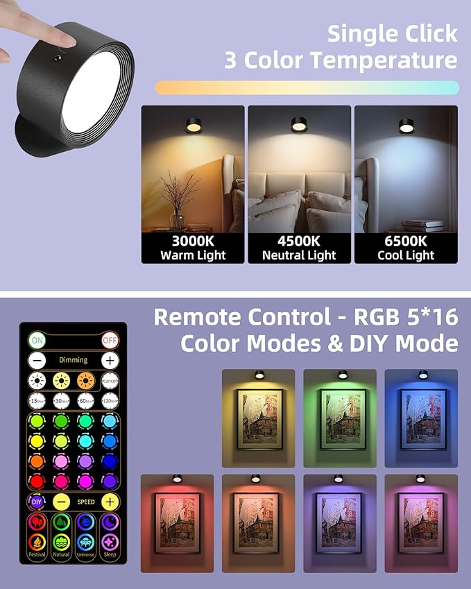 Wall Mounted Lights, 2 Pack Rechargeable RGB Color Changing Light, 3 Color Temps & Remote and Touch, 360°Rotation Dimmable Cordless for Study Bedroom Reading Bedside (Black)