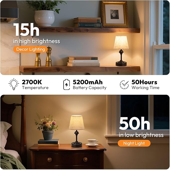 NIORSUN Portables Cordless Table Lamp Set of 2,10.2" Flaxen Fabric Shade Battery Operated Lamp,5200mAh Bedside Table Lamp with Warm White,3 Way Dimmable Touch Desk Lamp for Living Room (Black)