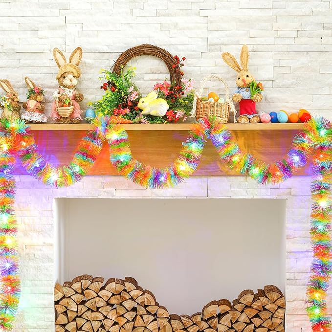 Chuangdi 16.4 ft Easter Tinsel Garland with LED String Light Easter Egg Twist Metallic Wire Garland Tinsel Foil Hanging Decor, Colored, Colored Light