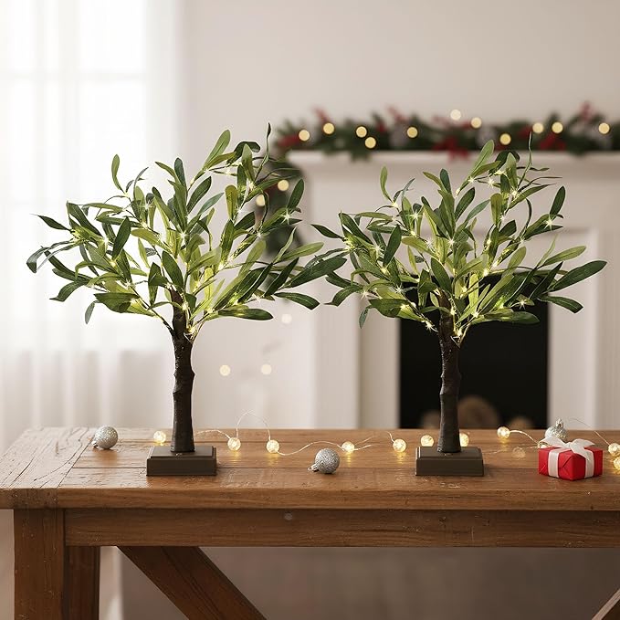 2FT Easter Olive Tree with LED Lights, 30 LED Artificial Twinkle Tree with Timer, Lighted Greenery Tree Bonsai Fairy Tabletop Lamp Tree for Home Decor