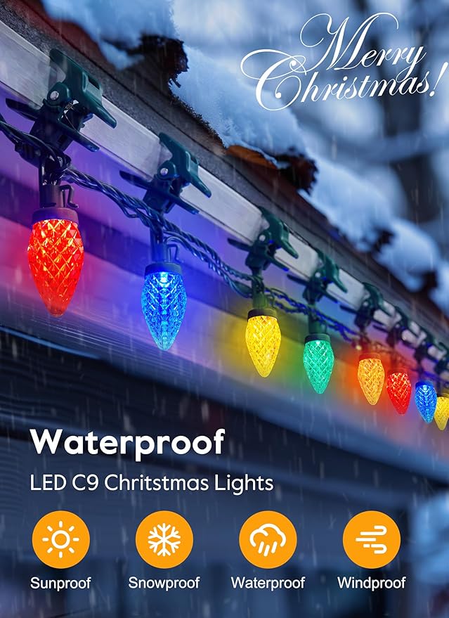 C9 LED Christmas Lights Outdoor, 99 Feet 150 LED C9 String Lights with 150 Spring Clips, Waterproof Connectable Christmas Tree Lights for Outside Roofline Patio Home Xmas Decor, Multicolor