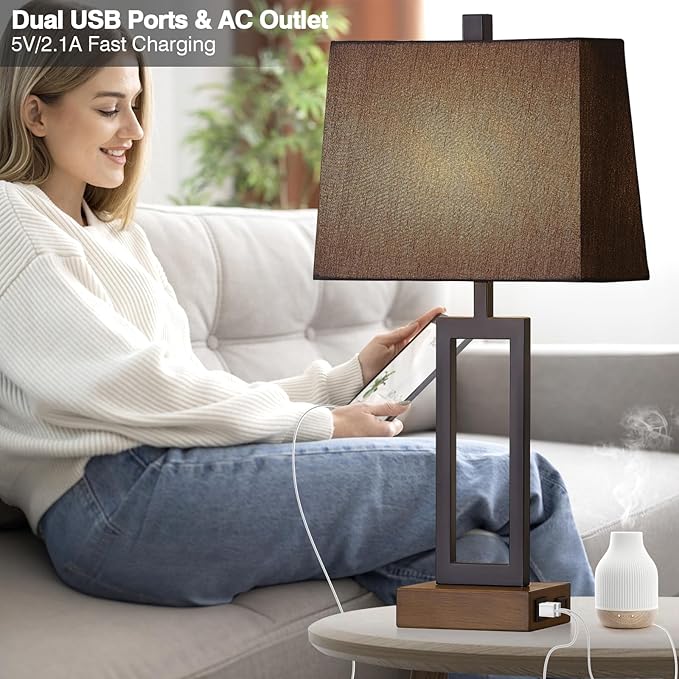 Touch Control Table Lamps Set of 2, Modern Bedside Lamps with 2 USB Charging Ports & AC Outlet, 3-Way Dimmable Wood Nightstand Lamp for Living Room Bedroom End Table Office Black(2 LED Bulbs Included)