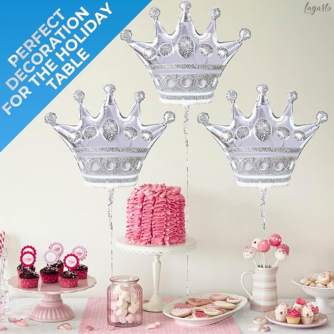 3Pcs Silver Crown Balloons – Extra Large 39" Foil Silver Balloons Set, Reusable Self-Sealing Design, Durable & Easy to Inflate – Centerpiece for Parties, Photo Backdrops & Princess Theme Decorations