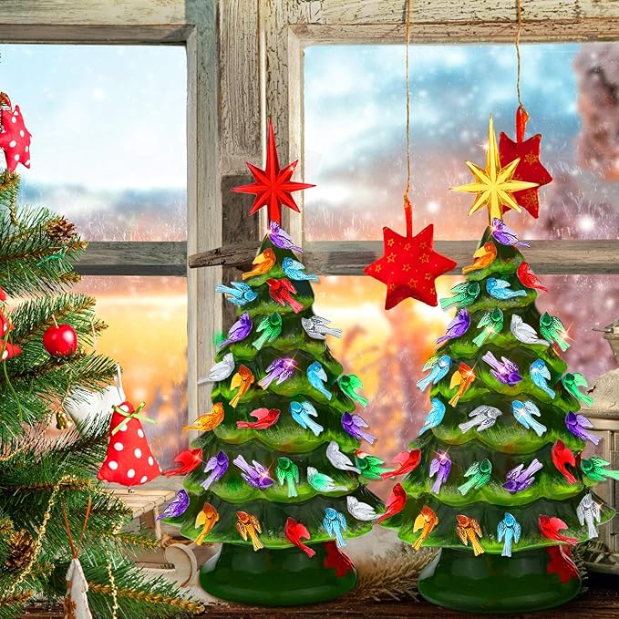 WILLBOND 103 Pieces Ceramic Christmas Tree Replacement Bulb Set Includes 100 Plastic Ceramic Christmas Tree Bird Lights 3 Stars Classic Color Ceramic Tree Lights Replacements Bulbs Craft