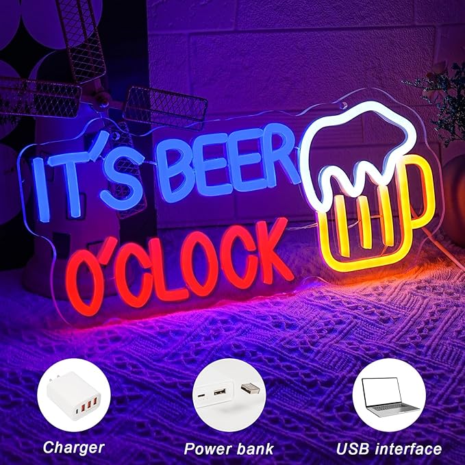 It's Beer O'Clock Neon Sign for Wall Decor Beer Neon light Dimmable USB Beer LED Sign Neon Beer Signs for Man Cave Garage Patio Home BAR Pub Nightclub Restaurant Decor