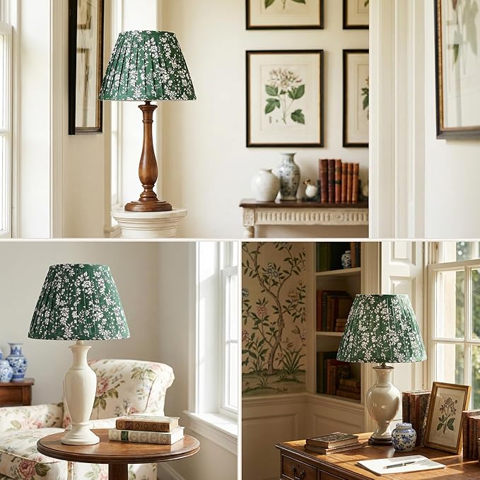 Green Floral Small Lamp Shades Set of 2 – 5x9x6.2 Inch Empire Pleated Lampshades for Bedside, Desk & Nightstand Lamps, Spider Fitter, No Assembly Needed, Perfect for Cozy Cottage, Farmhouse & Country